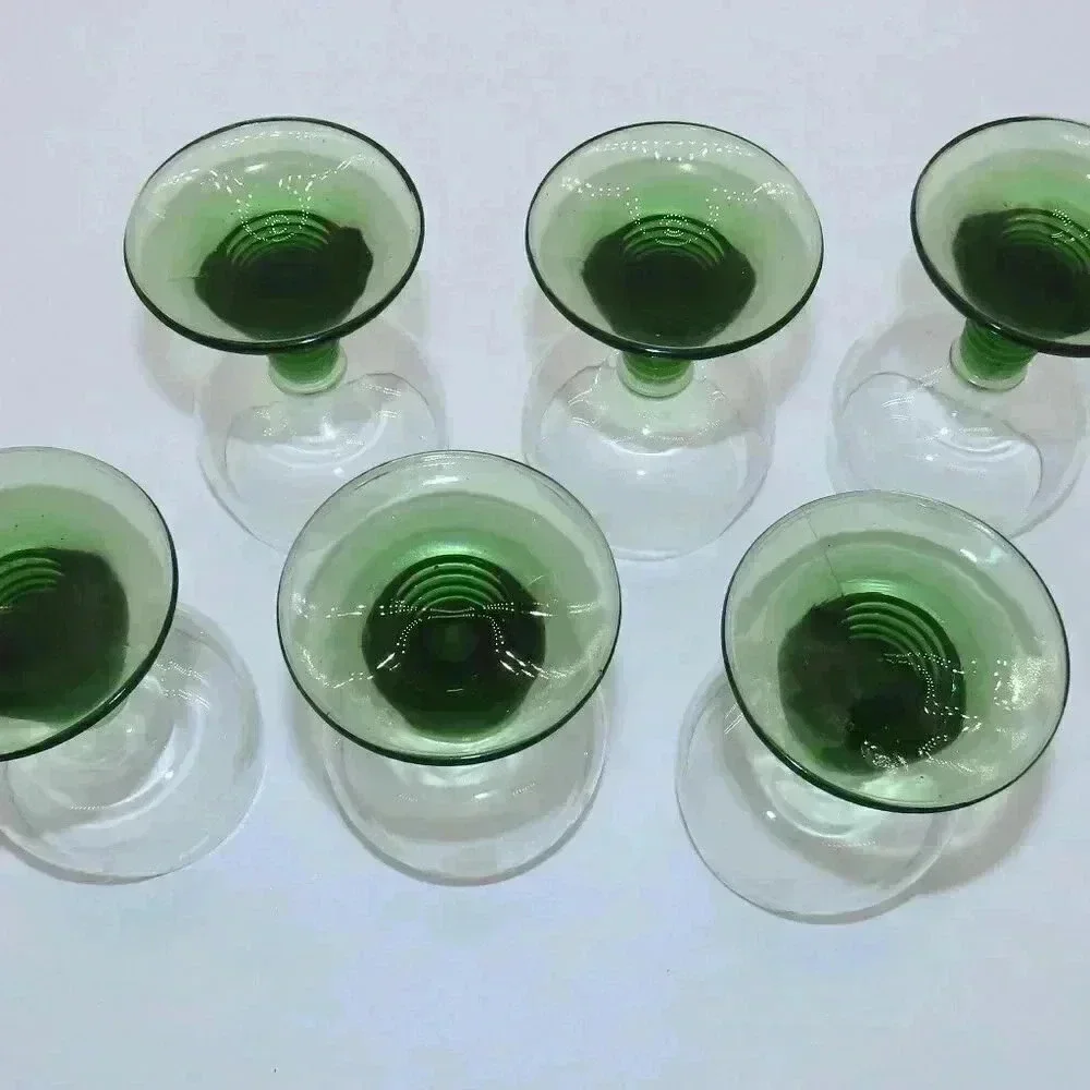 Vintage Green Beehive Stem 4 oz Wine Glass Grapevine Pattern Set of 6